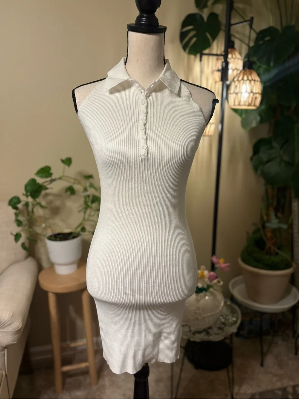 Ribbed Halter Polo Mini Dress in White